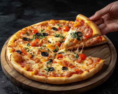 Zengin soslu, soğanlı ve erimiş peynirli lezzetli bir pizza. Ev yapımı İtalyan mutfağının özünü yakalıyor. Yapay Zeka ile oluşturuldu