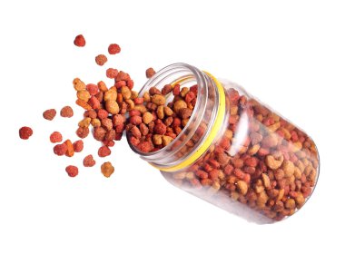 Kavanoz Dökümü Beyaz Arkaplanda İzole Edilmiş Evcil Hayvan Yemeği