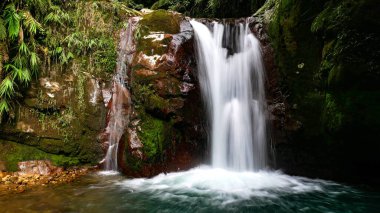 Gleweran yeşil yosunlarla kaplı bir uçurumdan akan bu küçük şelalenin adı. Etrafında büyük kayalar ve tropik ağaçlar var. Halimun Dağı Ulusal Parkı, Bogor, Endonezya.
