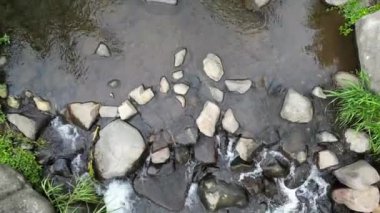 Büyük kayalar ve temiz suyla nehrin üzerinde alçaktan uçan taze yeşil bitkiler vardır..