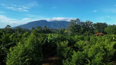 İHA hareketinin havadan görünüşü, Endonezya 'daki Salak Dağı' nın güzelliği, zirvesi ince bulutlarla kaplı. Yeşil ormanlar, köyler, pirinç tarlaları, tarlalar ve mavi gökyüzü..