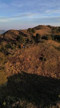 Endonezya 'daki Prau Merkez Cava Dağı' nda çeşitli renkli dağcı çadırlarıyla çayırların üzerinde uçan insansız hava aracı. Bulutlu mavi gökyüzü ve altın otlar şafakta ilginç bir kontrastlama yaratır..