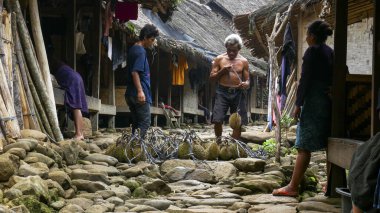 Banten, Endonezya, 14 Kasım 2023. İki Baduy adamı toplanmış ve satılmaya hazır olgun durian meyvelerini bağlıyor. Dış Baduy kabilesinin geleneksel evleriyle çevrili..