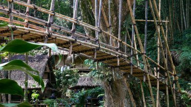 Banten, Endonezya, 14 Kasım 2023. Bambu köprüsü Gajeboh köyünde, Outer Baduy Kabilesi 'nde, Banten, Endonezya' da, Baduy kabilesi köyleri arasında bağlantı köprüsü olarak. İkonik ve benzersiz köprü doğal malzemelerden oluşur..