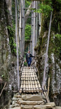 Banten, Endonezya, 14 Kasım 2023. Geleneksel kıyafetler giyen Baduy kabilesinden bir kadın Gajeboh Köyü 'nde bambu köprüsünde yürüyor..