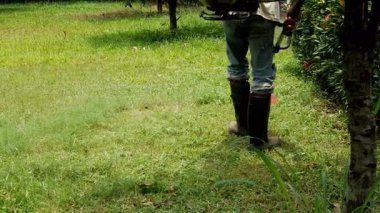 Bir adam, çim biçme makinesi ve güvenlik ayakkabısı kullanan, uzun otlarla kaplanmış bir bahçedeki çimleri kesmeye çalışıyor..