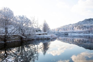 Beyaz karla kaplı küçük bir gölün kış manzarası. Göle yansıyan beyaz ağaçlar manzarayı daha da güzelleştiriyor..