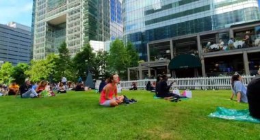 Bir Çimende Oturan ve Londra 'nın merkezindeki bir parkta canlı müzik performansının keyfini çıkaran bir grup insan.