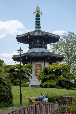 Londra, İngiltere, 24 Mayıs 2023: Battersea Park 'taki Londra Barış Pagoda' sı bankta oturan ve kitap okuyan bir adamla yakın görüş