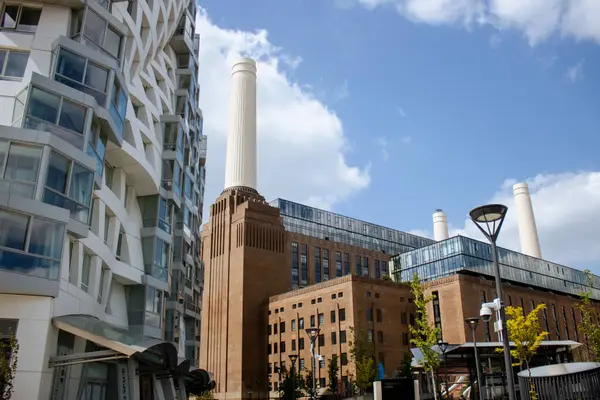 Frank Gehry ünlü mimar Battersea Elektrik Santrali 'nin arka planında mavi gökyüzü ile