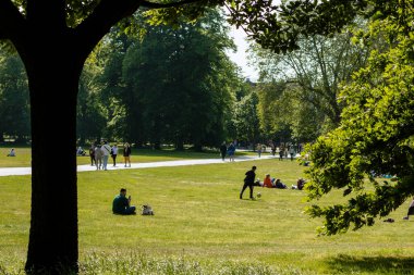 İnsanlar Greenwich Park 'ta günün tadını çıkarıyorlar. Oturup çimlerin üzerinde oynuyorlar.