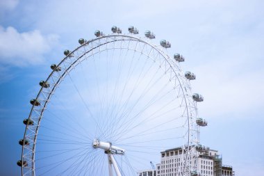 London Eye manzaralı, arkasında mavi gökyüzü arka planı olan bir bina.