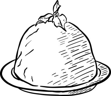 Bir Noel Pudingi skeci. El çizimi siyah beyaz çizgi, Üreme ve çizgilerle gölgelenmiş.