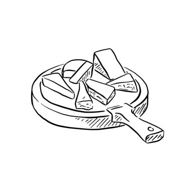 Çizgi siyah beyaz çizilmiş peynir tahtası çizimi. Tahta üzerinde çeşitli peynirler var. Başrolde Brie, port salut, blue cheese ve cheddar.