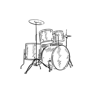 A line drawn illustration of a drum kit in black and white. Vectorised digitally for a variety of uses. Drawn by hand in a sketchy style. clipart