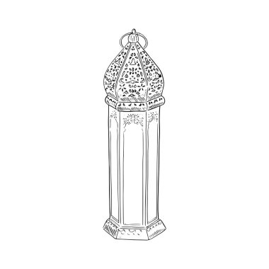 A line drawn illustration of a tall Moroccan lantern made out of glass panels and metal. Commonly found in the Souks of Morocco. Hand drawn. clipart