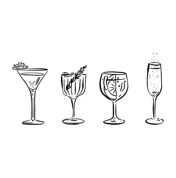 stock vector A line drawn illustration of individual cocktails in a sketchy style. Black and white sketch, a wide variety of uses. This file consists of 4 individual images.