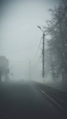 Yoğun sisle kaplı ıssız bir yol ürkütücü ve gizemli bir atmosfer yaratıyor. Ağaçların siluetleri, elektrik hatları ve uzak bir araba sisin içinde kayboluyor, izolasyon ve derinlik hissini arttırıyor.. 