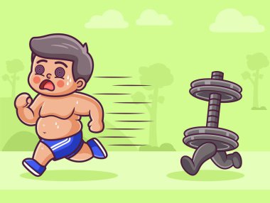 illustration of a fat man running chased by dumbbells, hates exercise/sport, prefers relaxing and junk food clipart