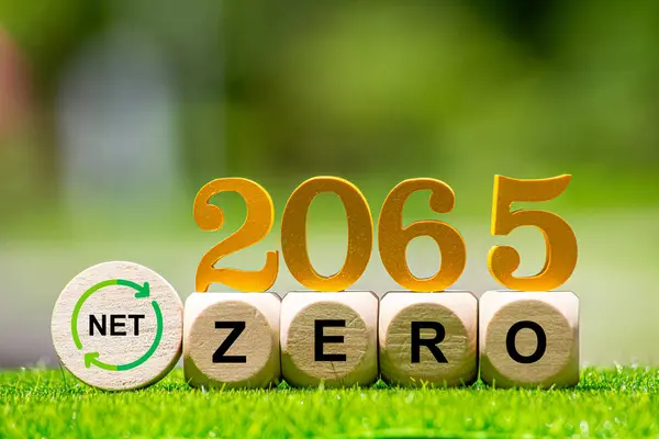 Karbon Kredi Pazarı. Yeşil yaprak arka planında karbon kredi simgesi var. 2065 yılında yeşil enerji etrafında ikon enerji ve çevre koruması nötr karbon ağ sıfır sera gazı emisyonları hedefi
