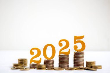 Paraları cam şişeye, 2025 numaralı tahta blokları da madeni para yığınına koy. 2025 yılında para, finans, yatırım ve işletme tasarruf kavramı büyüyor.