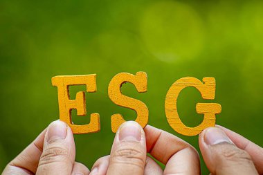 ESG çevre, sosyal ve yönetim kavramı. Sürdürülebilir şirket gelişimi. Çevresel arka planda bir tahta blokta ESG kelimeleri. Sürdürülebilir organizasyon için fikir