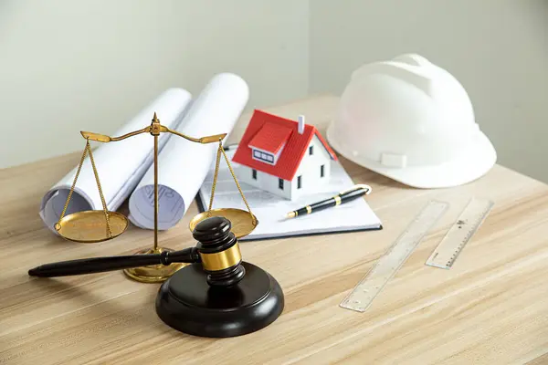 Yargıç tokmak, beyaz ev ve masaya çizim aletleri çizen sarı başlık.