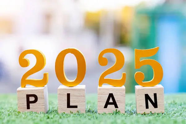 Yeni Yıl 2025 iş planı, stratejiler, hedef, gelişme ve başarı. Ahşap küplerde 2025 numara ve metin planı.