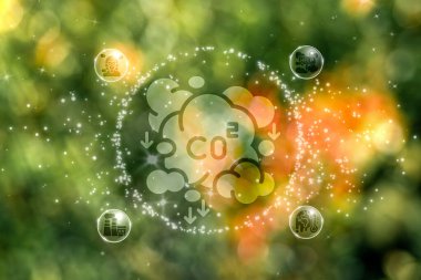 İklim değişikliği ve küresel ısınmayı sınırlamak için CO2 emisyonlarını azaltmak. Baloncuklu karbondioksit metni. Karbondioksit karbondioksit molekülleri. Düşük sera gazı seviyesi, karbonhidrat kaybı, net sıfır karbondioksit ayak izi.