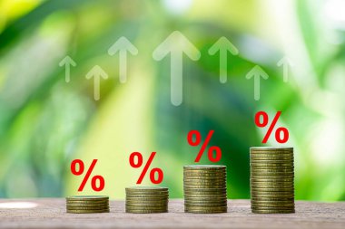 Yüzdelik işareti ve ok yükselen bozuk para yığını basamağı. İş ve mali büyüme, faiz oranı artışı, mortgage, enflasyon, satış fiyatı, indirim, vergi artışı ve gelecekteki konsept yatırımları.