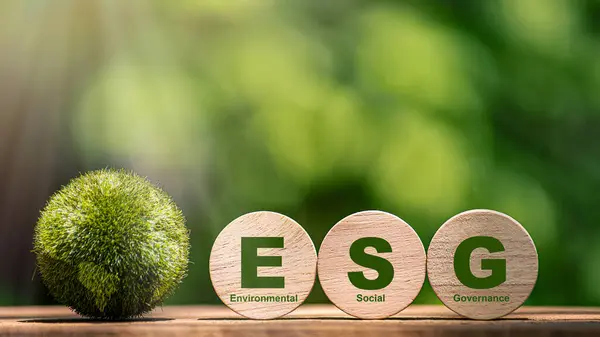 Açık beyaz arkaplanda ESG kısaltması bulunan dairesel ahşap bir tahta tabela, sürdürülebilir çevre, toplum ve yönetim işletmeleri için ESG kavramları çevreden sorumludur.