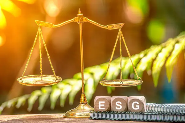 ESG environment social governance investment business concept. Women use a computer to analyze ESG, surrounded by ESG icons .close to the computer screen in business investment strategy concept.