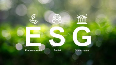ESG Fonu Konsepti. Çevresel sosyal yönetim yatırım işi. Çevresel farkındalığa yeşil şirket yatırımları. karbon kredi.