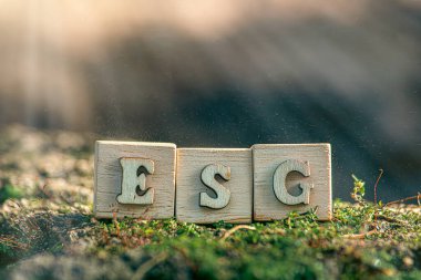 ESG - Çevre Sosyal ve Yönetim, ahşap küplerin kısaltması Yosun ESG, Dünya sürdürülebilir çevre kavramı.