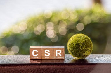 CSR (sosyal sorumluluk eşgüdümü). Tahta blokta CSR ve yeşil arka planda yeşil dünya. Bu kurumsal sosyal sorumluluk ve toplumsal aktivite kavramı için bir fikir..