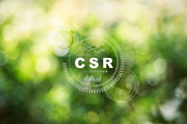 CSR Konsepti. Kurumsal Sosyal Sorumluluk, İş dünyasında CSR ile ilgili ikonlar, sürdürülebilirlik, ahlak, toplum, kurumsal sosyal sorumluluk, sosyal ve çevresel kaygılar sunan bir kişi.
