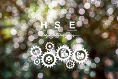 HSE, Sağlık Güvenlik Ortamı Konsepti, masadaki tahta blok, sanal ekranda sağlık ortamı ikonu, standart endüstriyel iş ve endüstriyel iş.