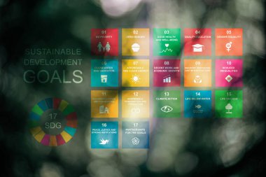 Sürdürülebilir kalkınma hedefi (SDG 'ler) kavramı. Çevre simgesi ile küresel iletişim ağını yeşil bir zeminde tutan eller. Yeşil teknoloji ve çevre teknolojisi.