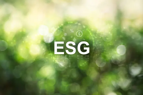 ESG Fonu Konsepti. Yeşil arkaplandaki ahşap küplere Esg simgeleri. ESG Çevre Yönetimi Yatırım İşletmeleri. Çevresel farkındalıklara yeşil şirket yatırımları. Karbon kredi.