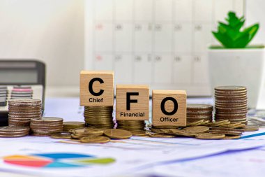 CFO sözcüğünün olduğu beyaz bir küp var. Baş Finans Subayının göz alıcı görüntüsü olarak kısaltılmışı..