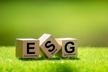 ESG Fonu Konsepti. Yeşil arkaplandaki ahşap küplere Esg simgeleri. ESG Çevre Yönetimi Yatırım İşletmeleri. Çevresel farkındalıklara yeşil şirket yatırımları. Karbon kredi.