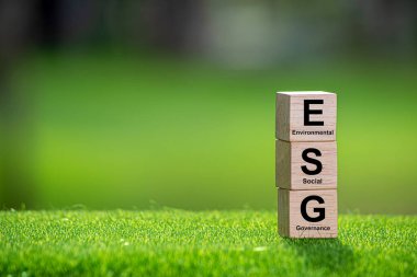 ESG Fonu Konsepti. Yeşil arkaplandaki ahşap küplere Esg simgeleri. ESG Çevre Yönetimi Yatırım İşletmeleri. Çevresel farkındalıklara yeşil şirket yatırımları. Karbon kredi.