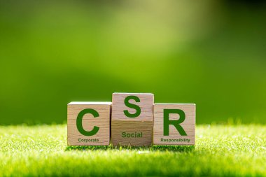 CSR (sosyal sorumluluk eşgüdümü). Tahta blokta CSR ve yeşil arka planda yeşil dünya. Bu kurumsal sosyal sorumluluk ve toplumsal aktivite kavramı için bir fikir..