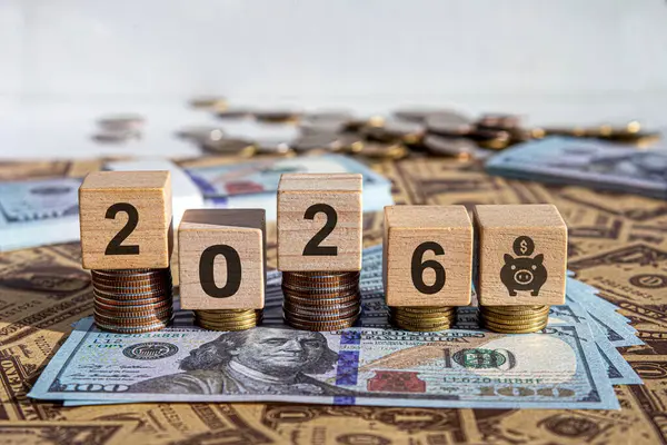 Finansal paralar 2026 yılının tahta küpleriyle dolu doğal bir arka planda. Domuz kumbarası. Yeni Yıl 2026 mali ve tasarruf ile ilgilidir..