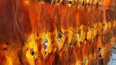 Kurutulmuş mürekkep balığı akşam güneşinde sıralanmış, arka planda turuncu parlıyordu..