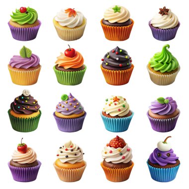 A vibrant collection of cupcakes, each creatively adorned with various toppings and frostings in a myriad of colors and designs, making them perfect for any festive or celebratory occasion. clipart