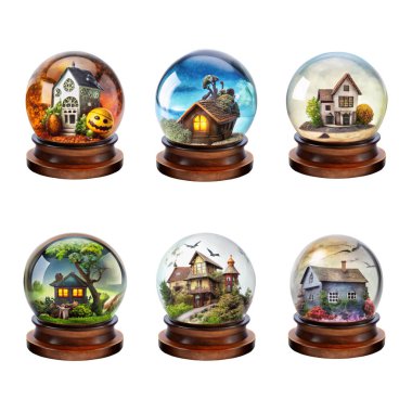 This enchanting crystal ball captures a rustic cottage surrounded by lush greenery, nestled in a serene landscape, evoking a sense of magical seclusion. clipart