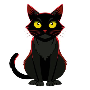 An adorable illustration of a black cat with captivating yellow eyes and striking red highlights, ideal for adding a touch of whimsy to any Halloween-themed artwork or decorations. clipart