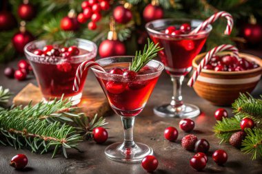 An inviting display of Christmas cocktails, each beautifully garnished with fresh cranberries and a sprig of rosemary, set against a backdrop of twinkling lights and pine branches, perfect for holiday celebrations. clipart