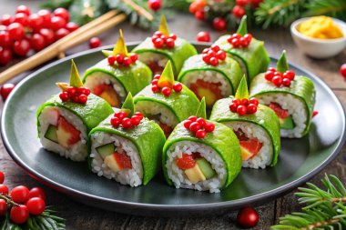 A unique and festive sushi arrangement, crafted to resemble Christmas motifs with green wraps and vibrant red berry accents, perfect for holiday celebrations. clipart